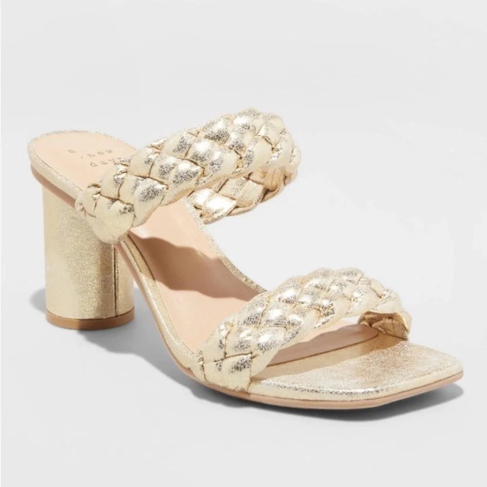A New Day Basil Braided Block Heel Sandals Gold Metallic Square Toe Size 6